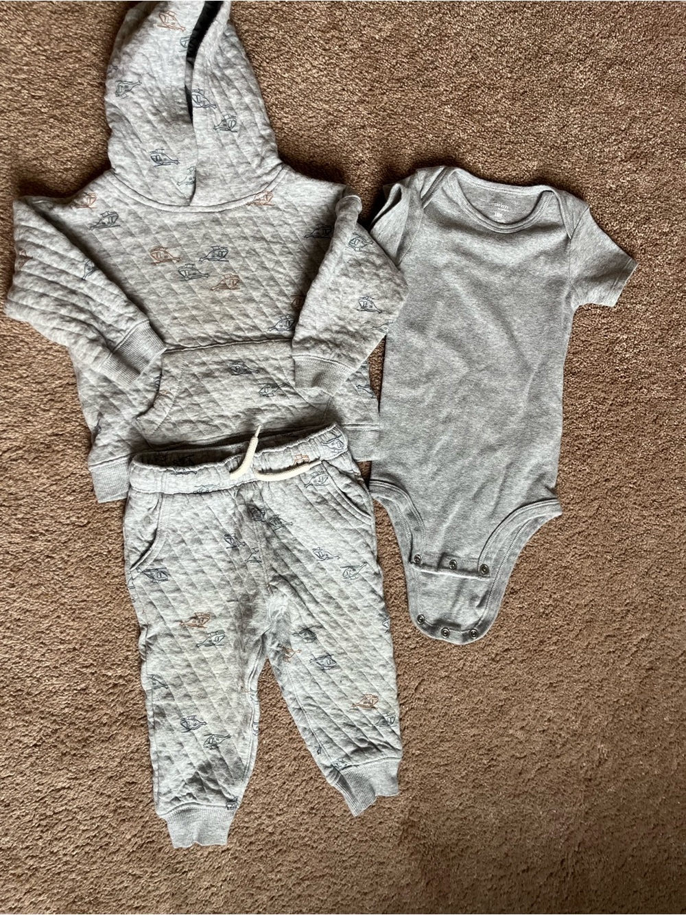 Carter's Light Gray Quilted Hoodie, Joggers & Gray Bodysuit Set
